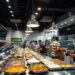 Restaurante self service em funcionamento com clientes se servindo no buffet