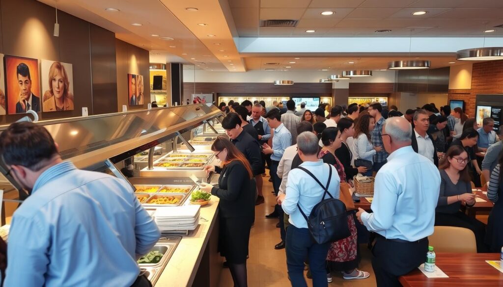 Restaurante self-service em horário de pico com clientes