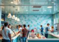 Sorveteria moderna com clientes sendo atendidos, mostrando o ambiente de uma sorveteria bem-sucedida