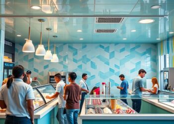 Sorveteria moderna com clientes sendo atendidos, mostrando o ambiente de uma sorveteria bem-sucedida