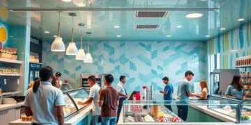 Sorveteria moderna com clientes sendo atendidos mostrando o ambiente de uma sorveteria