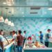 Sorveteria moderna com clientes sendo atendidos, mostrando o ambiente de uma sorveteria bem-sucedida