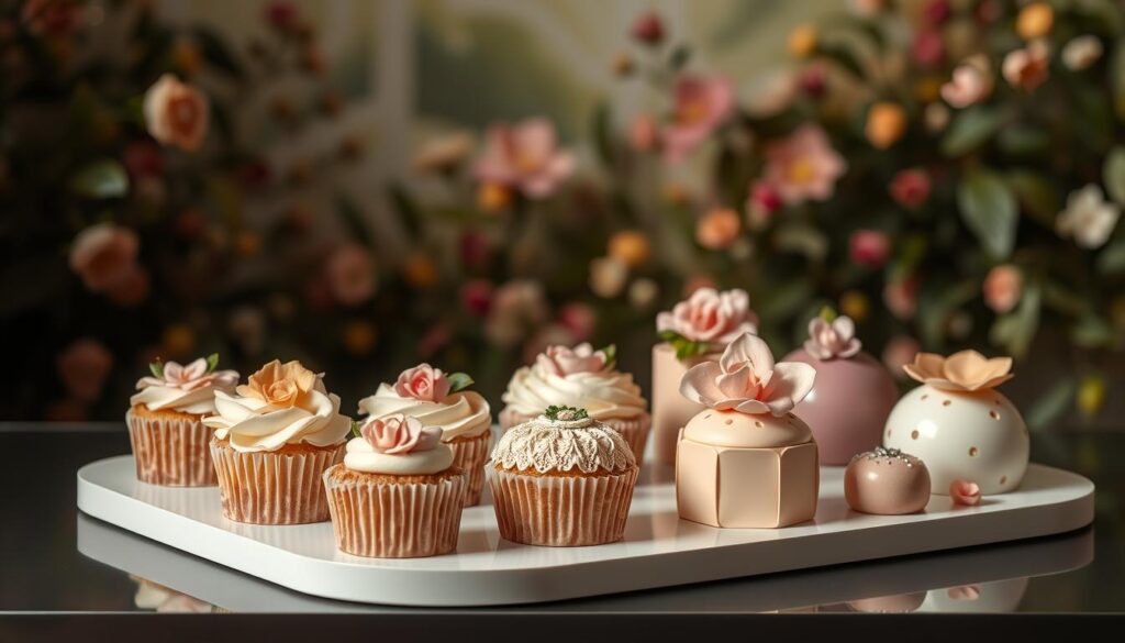 Tendências em modelagem de doces para confeitaria brasileira: uma exibição elegante de formas e texturas inovadoras. No primeiro plano, delicados cupcakes com detalhes florais e padrões em relevo, refletindo as últimas tendências da decoração de doces. No plano médio, uma variedade de bolos ornamentados com design moderno e paletas de cores sutis, evocando o refinamento da confeitaria contemporânea. Ao fundo, um cenário suave com elementos naturais, como folhas e flores, criando um ambiente sereno e inspirador. A iluminação suave e a profundidade de campo enfatizam a textura e a qualidade dos doces, convidando o espectador a apreciar a arte da modelagem de doces.