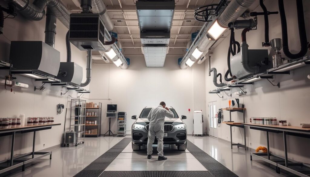 preparação e limpeza da cabine de pintura