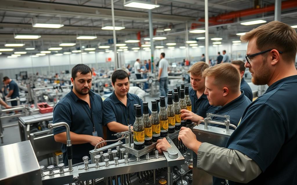 treinamento da equipe na linha de envase
