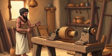 ilustração de homem com torno antigo