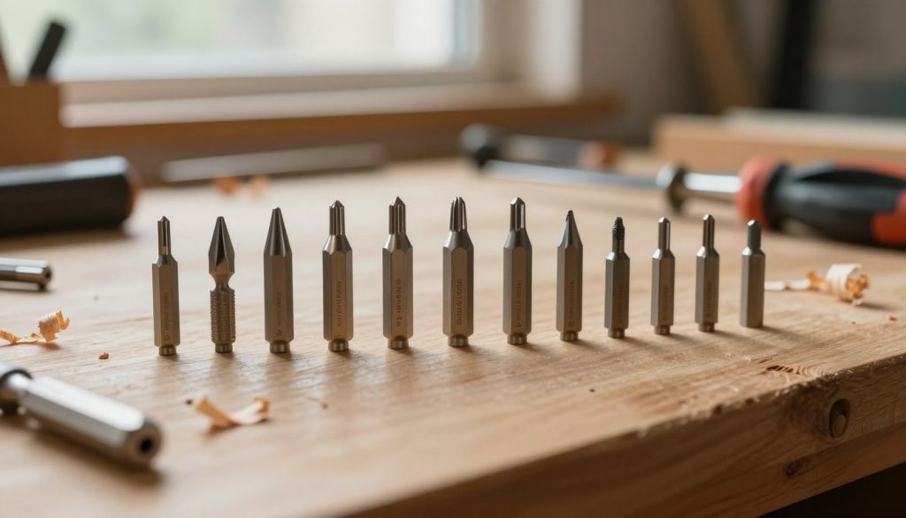 A beautifully arranged collection of various router bits ("fresas para tupia") on a wooden workbench, showcasing their different shapes and sizes. In the foreground, highlight several well-defined bits including straight, flush trim, and roundover, glinting in the light. In the middle space, showcase the smooth texture of the workbench, with a few wood shavings scattered around to emphasize the woodworking theme. In the background, softly blurred tools and equipment add context to a workshop setting. The lighting is warm and inviting, coming from a window, creating a cozy atmosphere that inspires creativity and craftsmanship. The focus is sharp on the bits, while maintaining a soft focus on the background elements, enhancing the depth of the image.