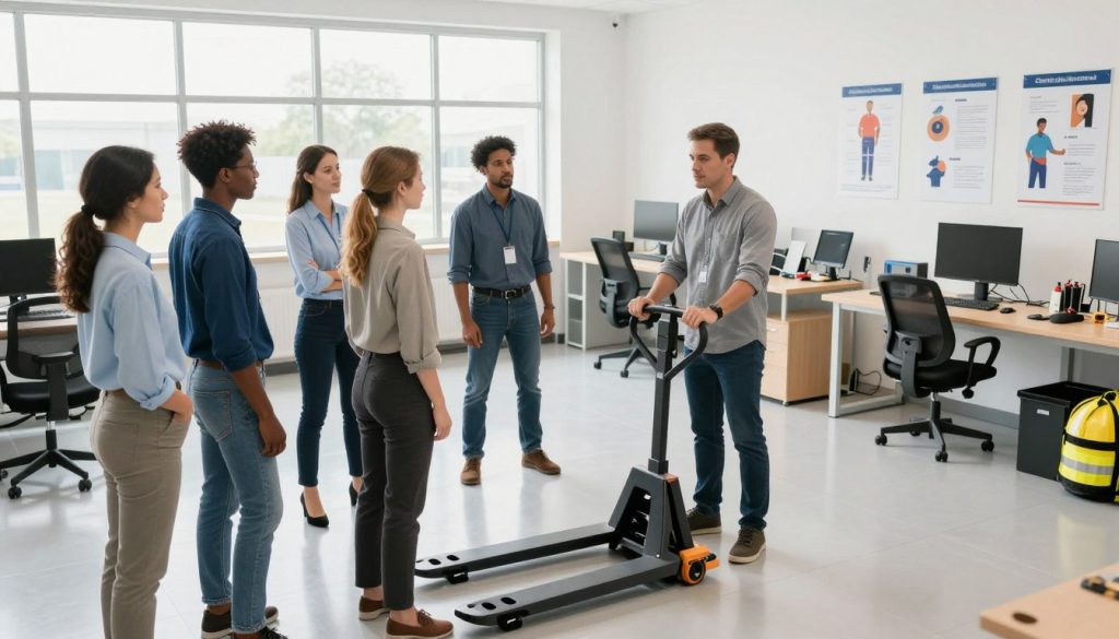 A bright and professional training session on ergonomics set in a modern workshop environment. In the foreground, a diverse group of four operators, dressed in professional business attire, are attentively listening to a trainer demonstrating proper lifting techniques with a manual pallet jack. The middle ground features ergonomic equipment, such as adjustable workstations and instructional posters emphasizing safe handling practices. In the background, natural light streams through large windows, creating an inviting atmosphere for learning. The setting is organized and clean, with safety gear and tools neatly arranged. The mood is focused and encouraging, reflecting the importance of ergonomics in the workplace. Include a subtle branding element of "Galpão das máquinas" in the environment, ensuring it's professionally integrated into the space. The image should have a slightly elevated perspective, capturing the dynamics of the training interaction.