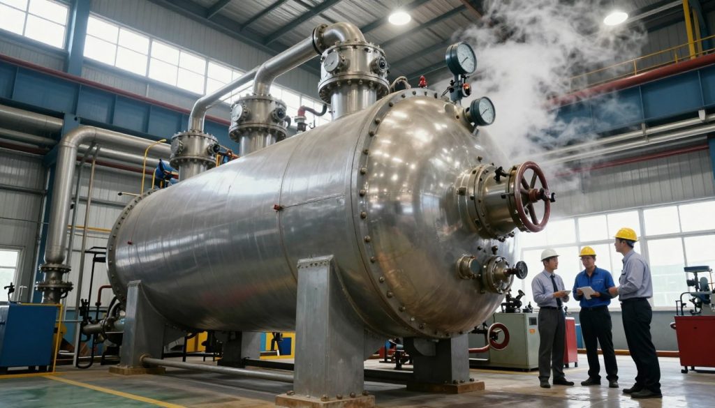 A bustling industrial setting featuring a large, detailed industrial boiler as the focal point, positioned prominently in the foreground. The boiler is metallic, reflecting the overhead lights, and shows intricate piping and gauges. In the middle ground, engineers in professional business attire inspect the boiler, discussing its operation, surrounded by industrial machinery and tools that enhance the setting's authenticity. The background showcases large windows allowing natural light to pour in, illuminating steam rising from the boiler, creating a dynamic atmosphere. The perspective is slightly low-angle to emphasize the boiler's size and importance, while the overall mood is industrious and efficient, conveying the critical role of boilers in industrial applications.