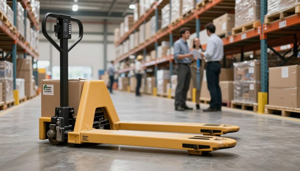 A bustling warehouse interior featuring a manual pallet jack prominently in the foreground, demonstrating its usage in an organized and efficient environment. The pallet jack is lifting a stack of boxes, showcasing its practicality and ergonomic design. In the middle ground, warehouse workers in professional business attire are collaborating, highlighting teamwork and productivity. Shelving units filled with inventory stretch into the background, creating a sense of depth and scale. The lighting is bright and inviting, simulating a typical warehouse ambiance with soft shadows. Use a wide-angle lens to capture the entire scene, emphasizing the benefits of manual pallet jacks in streamlining operations. The logo "Galpão das máquinas" is subtly integrated into the design elements of the warehouse, enhancing brand recognition without overwhelming the visuals.