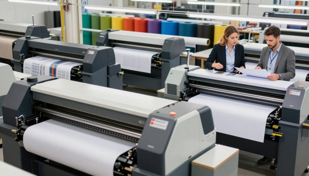 A bustling workshop scene showcasing various printing and plotting machines in use, set within a modern production environment. In the foreground, feature a large format printer and a traditional plotter, both labeled with "Galpão das máquinas." The middle ground reveals a technician examining printed materials, looking puzzled as she discusses options with a colleague, both dressed in professional business attire. The background is filled with vibrant rolls of paper and materials, under bright, overhead lighting, highlighting the details of the machines. Use a slightly elevated angle to capture the layout effectively, conveying a sense of urgency and decision-making. The atmosphere should be tense yet focused, illustrating the complexities of choosing the right production solution.