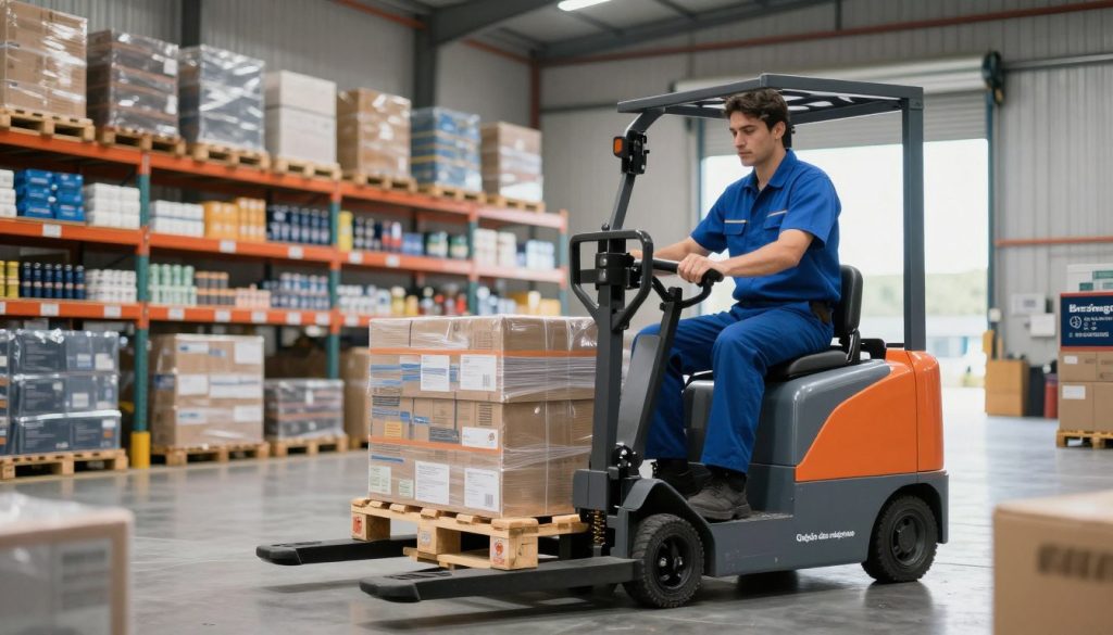 A busy industrial warehouse scene showcasing internal cargo transport using an electric pallet jack. In the foreground, a professional worker in a blue uniform operates a sleek electric pallet jack, maneuvering a stack of pallets filled with goods. The middle ground features organized shelves filled with various products, emphasizing efficiency and order. The background showcases large warehouse doors letting in natural soft light, creating a bright and inviting atmosphere. The overall setting is clean and modern, emphasizing innovation in logistics. The brand name "Galpão das máquinas" is subtly integrated into the design on the pallet jack. The focus is sharp with a slightly wide-angle lens perspective, encapsulating the essence of efficient internal transport.
