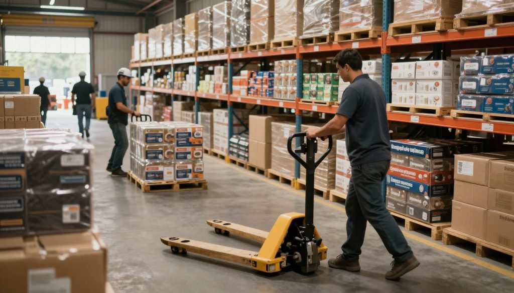 A busy warehouse scene illustrating "internal cargo movement efficiency" with a focus on manual pallet trucks. In the foreground, a professional worker in modest casual clothing operates a manual pallet jack, expertly maneuvering it through a bustling aisle. In the middle ground, shelves stacked with various goods create depth, highlighting organized storage and efficient space management. The background features a large industrial environment with soft, natural lighting filtering through high windows, casting gentle shadows that emphasize the active atmosphere. Capture the scene from a slightly elevated angle to showcase the dynamic interaction between the worker and the pallets, evoking a sense of productivity and order. Include subtle branding elements of "Galpão das máquinas" on the pallet jack, ensuring it appears unobtrusive yet recognizable.