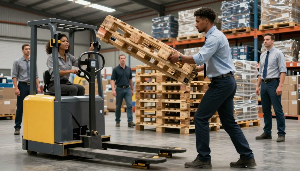 A busy warehouse scene showcasing common errors in the use of an electric pallet jack, featuring a diverse group of workers in professional business attire demonstrating incorrect techniques. In the foreground, a worker is mistakenly lifting a pallet too high, while another is using the jack on an uneven surface. The middle ground shows several pallets stacked haphazardly, with a worker looking concerned. In the background, a well-organized storage area can be seen, highlighting best practices. The lighting is bright and dynamic, highlighting the urgency of the situation. The mood conveys a sense of awareness and the importance of safety. Include the brand name "Galpão das máquinas" subtly within the environment, without distraction from the main focus.
