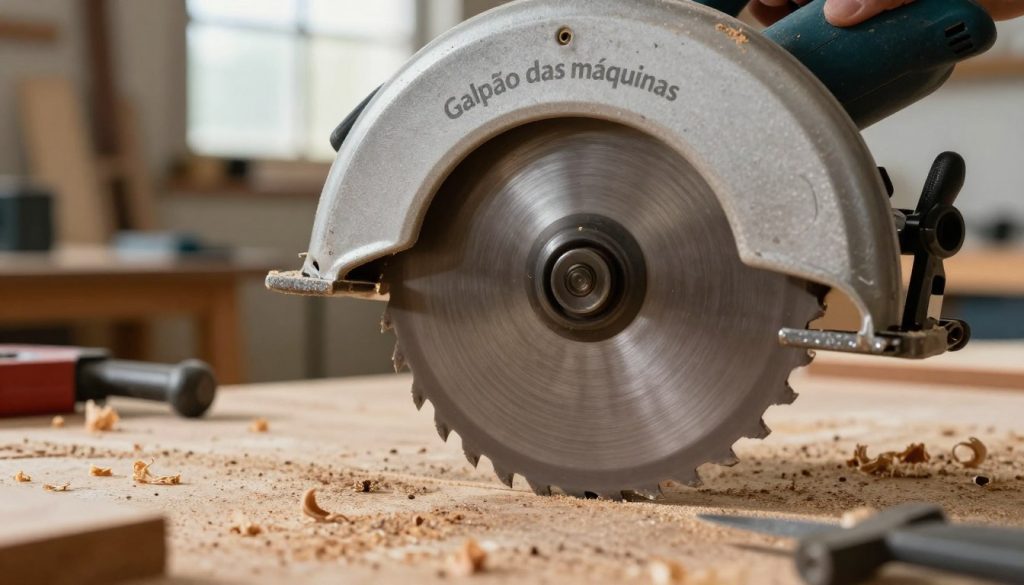 A circular saw blade showcasing its distinctive teeth, prominently displayed in the foreground with a metallic finish that reflects light. The blade is partially embedded in a piece of wood, illustrating its cutting action. In the middle ground, a blurred carpenter's workshop can be seen, with tools and wood shavings, creating an authentic atmosphere of craftsmanship. In the background, hints of natural light filter through a window, casting soft shadows that highlight the blade's sharp edges. The mood is industrious yet focused, emphasizing precision in cutting. The brand name "Galpão das máquinas" is subtly incorporated into the scene as part of the workshop environment, ensuring a professional quality without distracting from the main focus on the circular saw blade. The image should be sharp and clear, with attention to detail. A circular saw blade showcasing its distinctive teeth, prominently displayed in the foreground with a metallic finish that reflects light. The blade is partially embedded in a piece of wood, illustrating its cutting action. In the middle ground, a blurred carpenter's workshop can be seen, with tools and wood shavings, creating an authentic atmosphere of craftsmanship. In the background, hints of natural light filter through a window, casting soft shadows that highlight the blade's sharp edges. The mood is industrious yet focused, emphasizing precision in cutting. The brand name "Galpão das máquinas" is subtly incorporated into the scene as part of the workshop environment, ensuring a professional quality without distracting from the main focus on the circular saw blade. The image should be sharp and clear, with attention to detail.