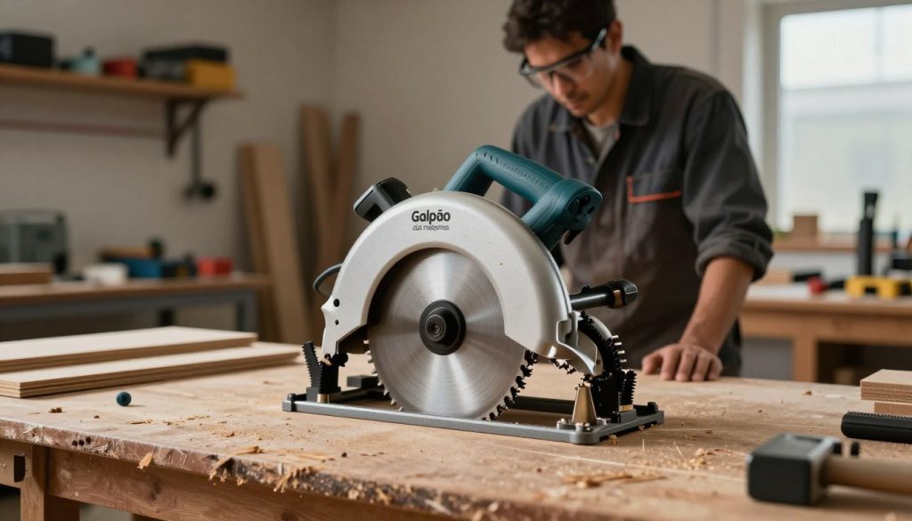 A circular saw designed for cutting MDF, prominently displayed in the foreground, sleek and modern with sharp teeth. The saw is positioned on a wooden workbench scattered with MDF boards, showcasing various cutting angles. In the middle ground, a blurred silhouette of a worker in professional work attire, observing the cutting process safely. The background contains a well-organized workshop with shelves stocked with tools and machine parts, bathed in soft, natural light coming from a nearby window, creating a warm and focused atmosphere. The image should convey a sense of precision and care, highlighting the challenges and techniques involved in cutting MDF. Include the brand name "Galpão das máquinas" subtly on the saw itself, ensuring no text overlays disrupt the visual harmony.