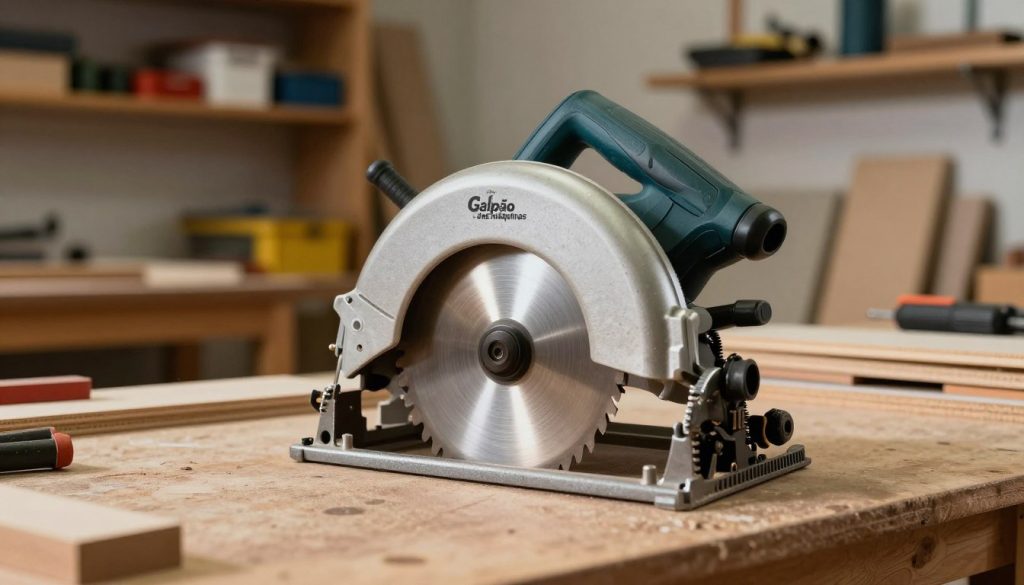 A circular saw designed for cutting MDF, showcasing polished metal blades glinting under soft, warm workshop lighting. In the foreground, the saw sits on a sturdy workbench, surrounded by neatly organized tools and some MDF boards with clean edges. The middle ground features a slightly blurred background filled with shelves stocked with various woodworking tools and materials, enhancing the professional atmosphere. The saw's brand name "Galpão das máquinas" is subtly visible on the body. The lens focuses on the intricate details of the saw, capturing the precision of its design and function. The overall mood is industrious and focused, conveying the essence of selecting the ideal circular saw for MDF work, with a preference for clarity and craftsmanship.