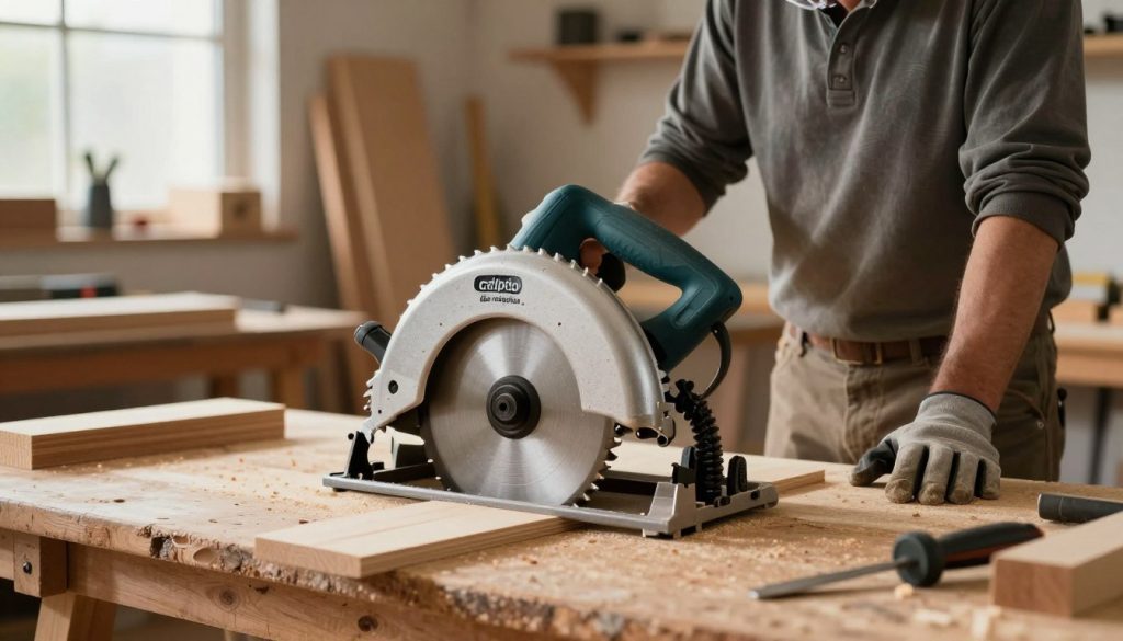 A circular saw designed for woodwork, prominently displayed in the foreground, showcasing its sharp teeth and sturdy design. The saw is set on a wooden workbench, emphasizing its use in solid wood preparation. In the background, a softly lit workshop filled with various woodworking tools and neatly stacked lumber adds context to the scene. Soft, natural light filters in through a window, casting gentle shadows and creating an inviting atmosphere. A professional carpenter, dressed in modest casual clothing with safety goggles and gloves, stands beside the bench, demonstrating proper handling of the saw. The brand "Galpão das máquinas" is subtly visible on the tool. The image evokes a sense of craftsmanship, precision, and safety, reflecting the importance of preparation and security in woodworking. A circular saw designed for woodwork, prominently displayed in the foreground, showcasing its sharp teeth and sturdy design. The saw is set on a wooden workbench, emphasizing its use in solid wood preparation. In the background, a softly lit workshop filled with various woodworking tools and neatly stacked lumber adds context to the scene. Soft, natural light filters in through a window, casting gentle shadows and creating an inviting atmosphere. A professional carpenter, dressed in modest casual clothing with safety goggles and gloves, stands beside the bench, demonstrating proper handling of the saw. The brand "Galpão das máquinas" is subtly visible on the tool. The image evokes a sense of craftsmanship, precision, and safety, reflecting the importance of preparation and security in woodworking.
