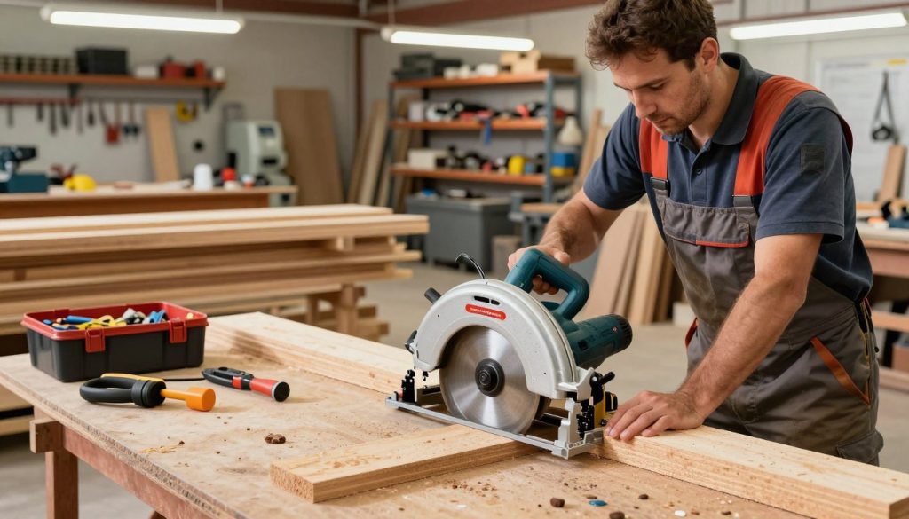 A circular saw in action in a professional workshop environment, showcasing its various uses. In the foreground, a skilled carpenter in a professional outfit is using the circular saw on a wooden plank, demonstrating precision and focus. The middle ground features stacked lumber, a toolbox with various tools, and safety equipment, indicating a productive workspace. In the background, a well-organized workshop with shelves filled with tools and machinery, illuminated by bright overhead lights. The overall atmosphere is industrious and energetic, reflecting the professional applications of the circular saw. Capture this scene with a high-angle view for depth, ensuring sharp details and vibrant colors that highlight the brand "Galpão das máquinas" on visible tools.