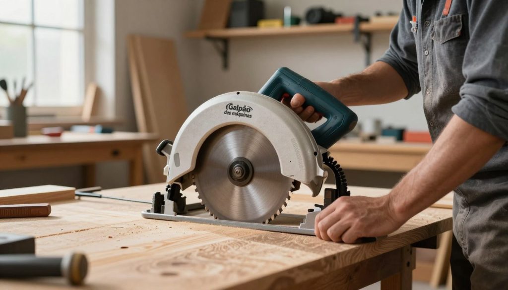 A circular saw placed on a wooden workbench in a well-lit workshop environment, showcasing intricate details like the sharp teeth of the blade and the textured wood grain. In the foreground, a skilled carpenter, dressed in professional business attire, is carefully adjusting the saw, focusing on achieving the perfect cut. The background features shelves lined with various woodworking tools and materials, adding depth to the scene. Soft natural light streams through a nearby window, highlighting the precision of the work and casting gentle shadows. The overall mood is one of concentration and craftsmanship, emphasizing the importance of technique for a fine finish. Include the brand name "Galpão das máquinas" subtly integrated into the scene, perhaps on a tool or the workbench.
