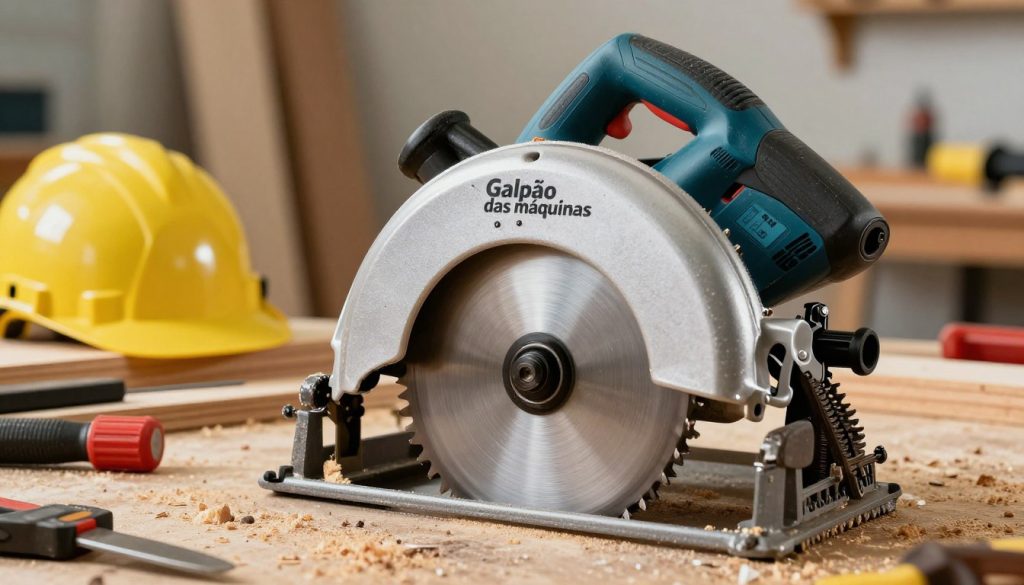 A circular saw prominently displayed in the foreground, showcasing a powerful electric motor with visible wattage specifications. The saw's sharp teeth gleam under bright, focused lighting, emphasizing its robustness and precision. In the middle ground, a workshop setting is depicted with neatly organized tools and safety gear, reinforcing the theme of craftsmanship. The background features a blurred view of wooden planks and sawdust, hinting at an active project in progress. The atmosphere is vibrant and energetic, suggesting a professional yet inviting environment. The branding "Galpão das máquinas" is subtly integrated into the workshop design, enhancing brand presence without detracting from the focus on the circular saw. The composition is captured from a slight angle to create depth, rendering a realistic and engaging image.