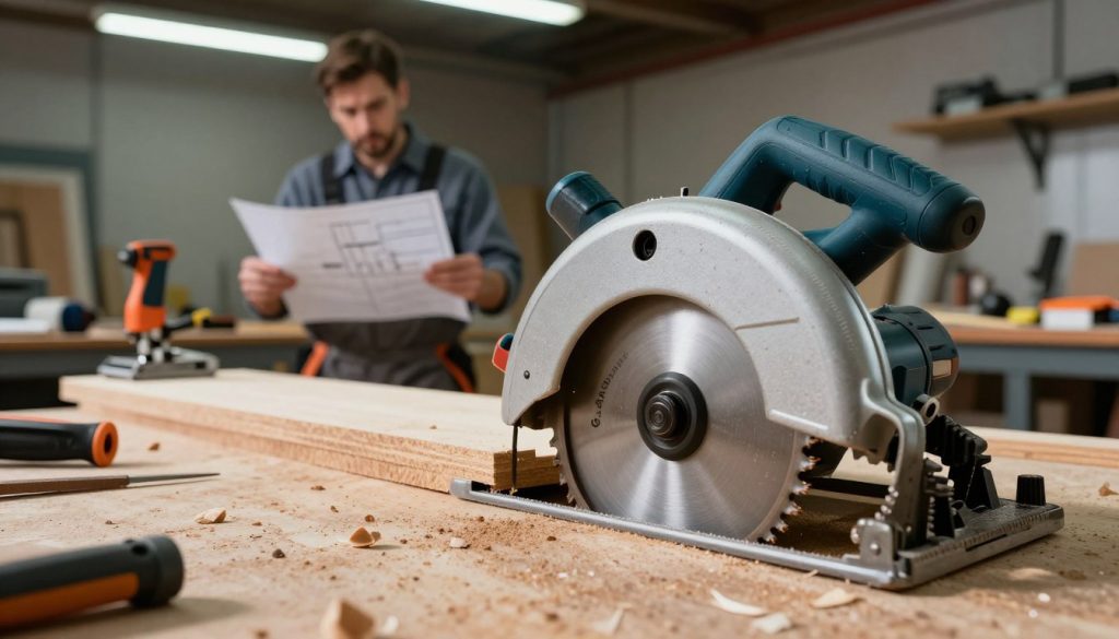 A circular saw with visible limitations, placed in a well-lit workshop environment. In the foreground, close-up of the saw showing its teeth and safety features, with wood splinters scattered around. In the middle ground, a partially cut wood plank highlighting the curve of the saw's cut, symbolizing inaccuracies. In the background, a confused carpenter in professional attire examines a blueprint, surrounded by alternative tools like a jigsaw and handsaw, representing different project needs. The atmosphere is tense yet professional, with overhead fluorescent lighting casting stark shadows, emphasizing the contrast between tools and their limitations. The branding "Galpão das máquinas" subtly appears on a tool cart nearby, enhancing the focus on machinery without drawing attention away from the saw's limitations.