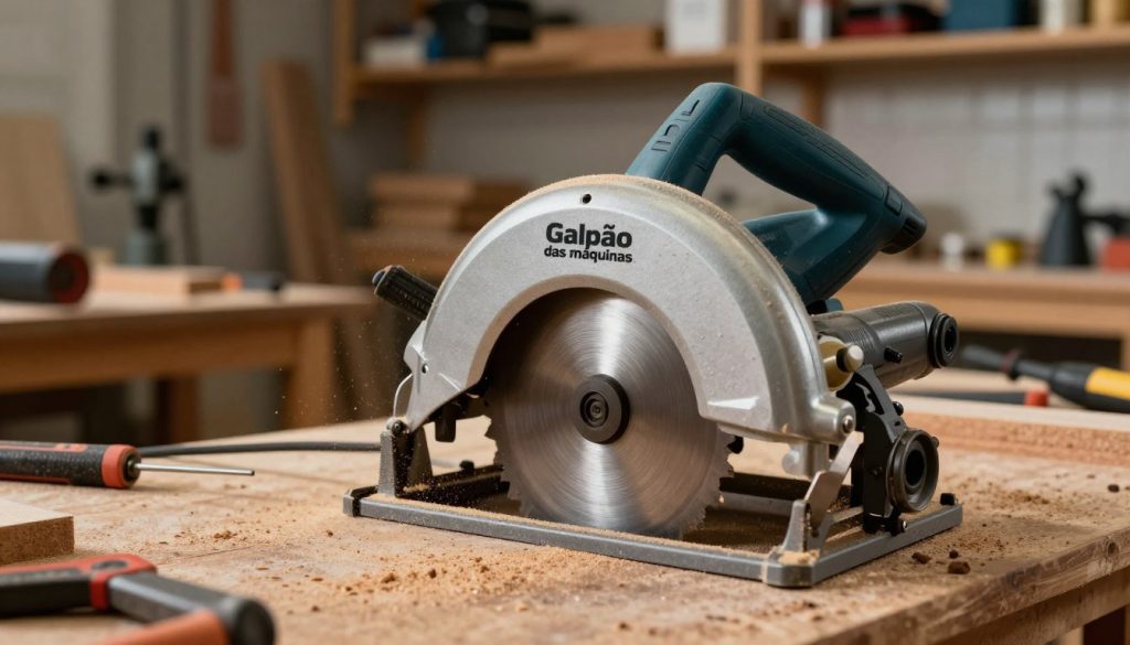 A circular table saw in a well-lit workshop, showcasing its robust metal and wood components. In the foreground, the saw blade glimmers under warm overhead lights, with grains of wood dust gently floating in the air. The middle ground features a wooden workbench cluttered with various tools, emphasizing the practicality of the workspace. In the background, blurred shelves stocked with woodworking supplies and additional machinery, conveying an industrious atmosphere. The mood is focused and productive, ideal for a woodworking environment. The image should prominently display the brand name "Galpão das máquinas" on the machine itself. Captured from a slightly angled perspective to highlight the saw's features, using a soft depth of field for a professional touch. A circular table saw in a well-lit workshop, showcasing its robust metal and wood components. In the foreground, the saw blade glimmers under warm overhead lights, with grains of wood dust gently floating in the air. The middle ground features a wooden workbench cluttered with various tools, emphasizing the practicality of the workspace. In the background, blurred shelves stocked with woodworking supplies and additional machinery, conveying an industrious atmosphere. The mood is focused and productive, ideal for a woodworking environment. The image should prominently display the brand name "Galpão das máquinas" on the machine itself. Captured from a slightly angled perspective to highlight the saw's features, using a soft depth of field for a professional touch.
