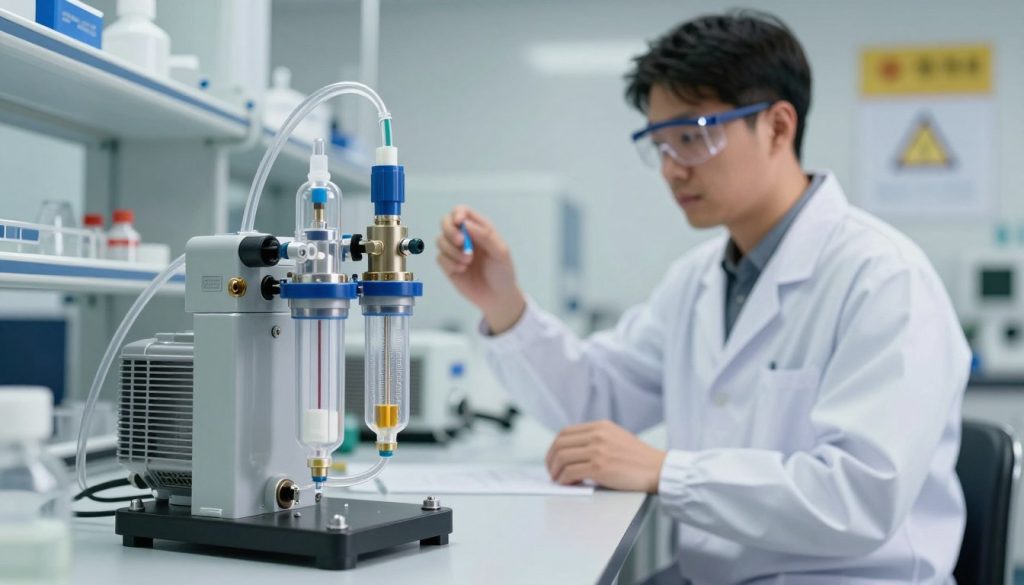 A clean and modern laboratory setting showcasing vacuum pumps with visible contamination prevention methods. In the foreground, focus on a high-tech vacuum pump with transparent tubing and advanced filtration systems. The middle ground features a technician in professional lab attire, inspecting the setup and wearing safety goggles, actively demonstrating proper contamination prevention techniques. Soft, even lighting illuminates the scene, highlighting the intricate details of the equipment. In the background, blurred shelves with additional lab equipment and safety signage create a scientific atmosphere. The image should convey a sense of professionalism and safety, emphasizing the importance of contamination prevention in vacuum systems. A clean and modern laboratory setting showcasing vacuum pumps with visible contamination prevention methods. In the foreground, focus on a high-tech vacuum pump with transparent tubing and advanced filtration systems. The middle ground features a technician in professional lab attire, inspecting the setup and wearing safety goggles, actively demonstrating proper contamination prevention techniques. Soft, even lighting illuminates the scene, highlighting the intricate details of the equipment. In the background, blurred shelves with additional lab equipment and safety signage create a scientific atmosphere. The image should convey a sense of professionalism and safety, emphasizing the importance of contamination prevention in vacuum systems.