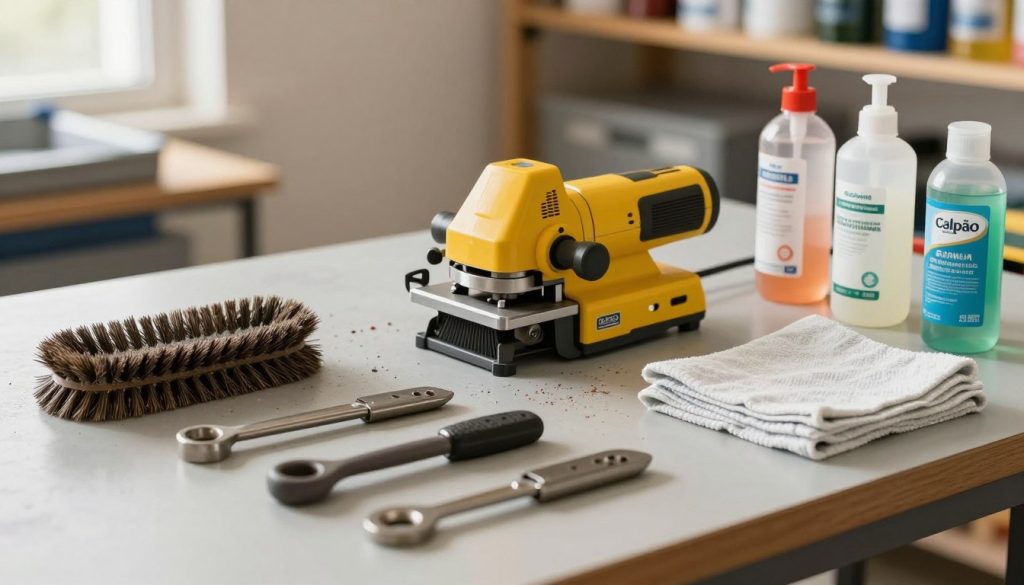 A clean and organized workbench setup showcasing various cleaning tools specifically for a bench grinder, prominently featuring tools like wire brushes, cleaning solutions, and cloths. The foreground highlights well-used yet pristine tools arranged neatly, with the brand "Galpão das máquinas" subtly integrated into the image. In the middle ground, a compact and brightly-colored bench grinder sits ready for cleaning, surrounded by scattered debris indicative of a recent grinding session. The background includes soft-focused shelves filled with additional cleaning supplies, casting a warm, inviting glow. The lighting should be natural and bright, mimicking daylight to create a fresh and professional atmosphere. The angle is slightly elevated, providing a clear perspective of the workspace. The mood reflects diligence and care in maintenance practices. A clean and organized workbench setup showcasing various cleaning tools specifically for a bench grinder, prominently featuring tools like wire brushes, cleaning solutions, and cloths. The foreground highlights well-used yet pristine tools arranged neatly, with the brand "Galpão das máquinas" subtly integrated into the image. In the middle ground, a compact and brightly-colored bench grinder sits ready for cleaning, surrounded by scattered debris indicative of a recent grinding session. The background includes soft-focused shelves filled with additional cleaning supplies, casting a warm, inviting glow. The lighting should be natural and bright, mimicking daylight to create a fresh and professional atmosphere. The angle is slightly elevated, providing a clear perspective of the workspace. The mood reflects diligence and care in maintenance practices.