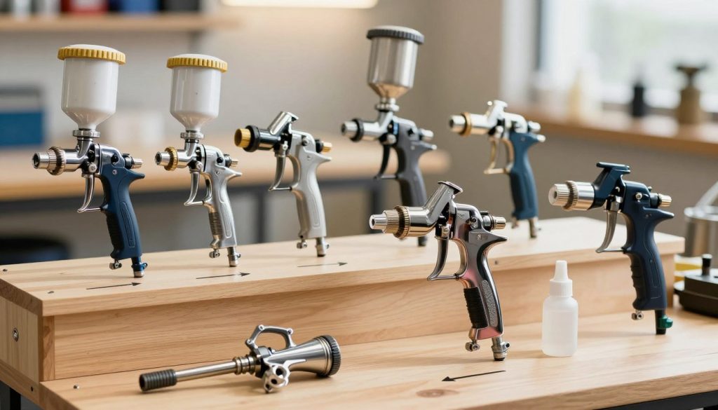 A clean and organized workbench showcasing various types of paint sprayers, each arranged methodically to highlight their unique features. In the foreground, a professional-looking spray gun with a glossy finish, a nozzle adjustment tool, and a small bottle of cleaning solution. The middle layer features a range of spray guns—gravity feed, suction feed, and airless models—each labeled with arrows to indicate different cleaning procedures. The background is softly blurred to emphasize the tools, with a warm, natural light illuminating the entire scene to create a focused and inviting atmosphere. The overall mood is professional and informative, ideal for a technical guide on cleaning techniques. The imagery should reflect precision, craftsmanship, and attention to detail with no text or logos present.