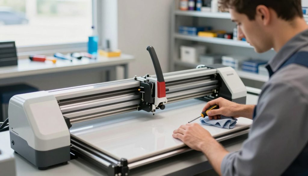 A clean, modern workshop setting with a focus on preventative maintenance for a cutting plotter from the brand "Galpão das máquinas". In the foreground, a technician in professional business attire is carefully inspecting the plotter, using tools like a screwdriver and cloth. The middle layer features the cutting plotter, prominently displayed with visible mechanisms and a smooth, shiny surface reflecting ambient light. In the background, shelves stocked with maintenance supplies and tools, giving a sense of organization and readiness. Soft, natural lighting spills in from a nearby window, creating a calm and focused atmosphere. The angle is slightly elevated, providing a comprehensive view of the technician and the equipment in use, reflecting professionalism and attention to detail.