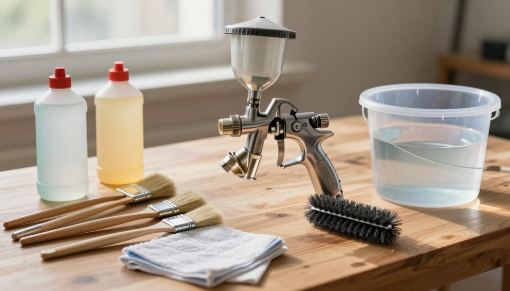 A clean, organized workspace featuring essential materials for cleaning a paint spray gun. In the foreground, showcase a variety of tools like brushes, cleaning solvents, a bucket of water, lint-free cloths, and a sturdy wire brush. The middle ground displays a partially disassembled spray gun, emphasizing the components that need cleaning, carefully arranged on a wooden workbench. In the background, soft natural light filters through a window, casting gentle shadows to create a tranquil, focused atmosphere. The scene is captured from a slightly elevated angle, showcasing the meticulous arrangement of tools and the spray gun, with warm tones to evoke a sense of professionalism and craftsmanship. No text or watermarks in the image.