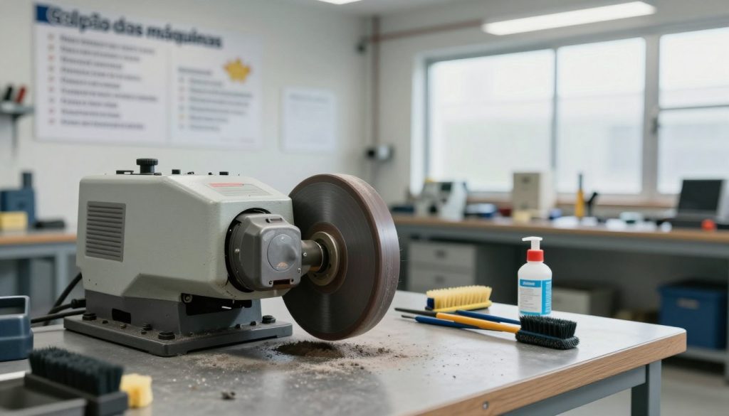A clean workshop environment showcasing the importance of grinding wheel maintenance. In the foreground, a well-maintained grinding machine, prominently featuring a grinding wheel with minimal dust and debris. Workshop tools like brushes and cleaning supplies are neatly arranged beside it, emphasizing the cleaning process. The middle ground includes a workbench with organized tools and instructional posters about cleaning schedules followed by "Galpão das máquinas." The background features a well-lit, spacious workshop space, with large windows allowing natural light to enhance the atmosphere. Use soft, diffused lighting to create a professional yet inviting mood. The image should convey the significance of regular maintenance in enhancing machine longevity and performance, all captured from a slightly angled perspective to give depth and dimension. A clean workshop environment showcasing the importance of grinding wheel maintenance. In the foreground, a well-maintained grinding machine, prominently featuring a grinding wheel with minimal dust and debris. Workshop tools like brushes and cleaning supplies are neatly arranged beside it, emphasizing the cleaning process. The middle ground includes a workbench with organized tools and instructional posters about cleaning schedules followed by "Galpão das máquinas." The background features a well-lit, spacious workshop space, with large windows allowing natural light to enhance the atmosphere. Use soft, diffused lighting to create a professional yet inviting mood. The image should convey the significance of regular maintenance in enhancing machine longevity and performance, all captured from a slightly angled perspective to give depth and dimension.