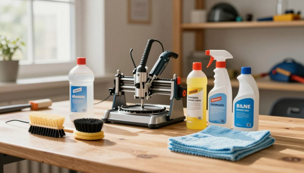 A clean workspace with an array of cleaning products for a router tool, prominently displayed in the foreground. Include specialized cleaning brushes, lubricants, and microfiber cloths, arranged neatly on a wooden workbench. The middle ground features a well-maintained router tool, gleaming under soft, diffused natural light from a nearby window, casting gentle shadows. The background can showcase a simple, clutter-free workshop environment, with wooden shelves holding tools and safety gear, enhancing the focus on the cleaning materials. The mood should feel fresh and organized, emphasizing the importance of proper maintenance and care. Utilize a warm color palette to convey a sense of comfort and reliability.