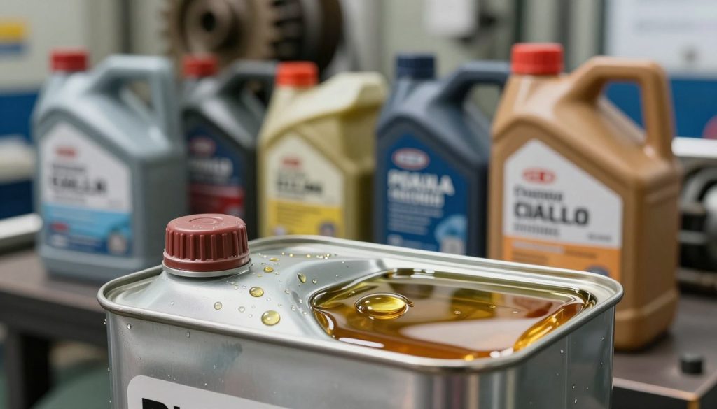 A clear and detailed image of hydraulic oil for hydraulic pumps, focusing on a fluid-filled oil can with a shiny metallic surface reflecting light. In the foreground, present the oil can prominently, with droplets of oil glistening on the surface to emphasize its viscosity. In the middle background, depict a variety of hydraulic oil containers labeled with different types, showcasing their distinct colors and textures. The backdrop should feature subtle industrial elements, like gears and mechanisms relevant to hydraulic systems, softly blurred to keep the focus on the oil. Use soft, natural lighting to create a professional and informative atmosphere, capturing the importance of hydraulic oil in machinery. The angle should be slightly elevated to showcase both the foreground can and the middle background containers effectively.