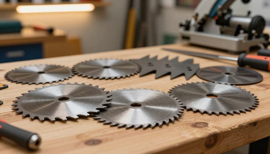 A clear composition showcasing various types of circular saw blades arranged artistically on a wooden workbench. In the foreground, feature three distinct saw blades: a tungsten carbide-tipped blade, a diamond blade, and a plywood blade, each with their unique shapes and teeth configurations. The middle ground includes an assortment of additional blades, slightly blurred to emphasize the foreground details. In the background, display a softly lit workshop environment with tools and machinery subtly illuminated by warm overhead lights. Use a close-up perspective to capture the textures of the metal and the intricate details of the teeth, evoking a professional and informative atmosphere. The branding "Galpão das máquinas" subtly integrated into the scene, enhancing the overall context without overwhelming the viewer. A clear composition showcasing various types of circular saw blades arranged artistically on a wooden workbench. In the foreground, feature three distinct saw blades: a tungsten carbide-tipped blade, a diamond blade, and a plywood blade, each with their unique shapes and teeth configurations. The middle ground includes an assortment of additional blades, slightly blurred to emphasize the foreground details. In the background, display a softly lit workshop environment with tools and machinery subtly illuminated by warm overhead lights. Use a close-up perspective to capture the textures of the metal and the intricate details of the teeth, evoking a professional and informative atmosphere. The branding "Galpão das máquinas" subtly integrated into the scene, enhancing the overall context without overwhelming the viewer.