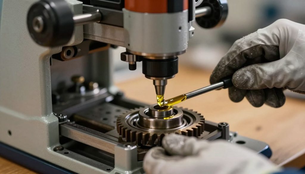 A close-up focus on the essential lubrication process for moving components in a router machine. In the foreground, a gloved hand is applying a thin layer of oil to intricate gears and bearings, highlighting the shiny texture of freshly applied lubricant. The middle layer features the router machine itself, showcasing its design with various mechanical parts clearly visible, emphasizing their interaction. The background is softly blurred with warm, industrial lighting, casting a subtle glow that creates a professional atmosphere. Utilize a shallow depth of field to direct attention to the lubrication process, creating a mood of precision and care in maintenance. Ensure the setting reflects a clean, organized workspace, devoid of clutter or distractions.
