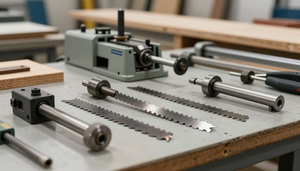 A close-up, high-resolution image of "peças serra fita" displayed on a workbench in a well-lit industrial workshop. In the foreground, focus on various essential components like the saw blades, tensioning mechanisms, and guide rollers intricately arranged. The middle ground should include industrial machinery and tools used for cutting, showcasing a blend of metal textures and mechanical precision. The background features a blurred array of wood and metal surfaces, capturing the essence of an active workshop environment. Use soft, diffused lighting to enhance the metallic sheen of the components while creating a professional yet dynamic atmosphere. The branding "Galpão das máquinas" appears subtly on a tool or in the background of the scene, conveying a sense of authenticity without overpowering the image.