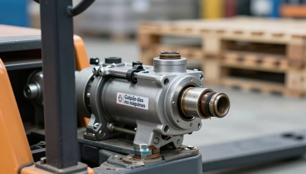 A close-up image of a faulty manual pallet jack hydraulic pump, specifically from the brand "Galpão das máquinas." In the foreground, the pump is focused prominently, showcasing visible leaks and worn-out seals. In the middle ground, a faint hint of the pallet jack itself can be seen, emphasizing its usage context. The background features a blurred warehouse setting with stacks of pallets, creating an industrial atmosphere. The lighting is bright and clinical, highlighting the imperfections of the pump, with soft shadows adding depth. The angle is slightly tilted to reveal the top and side views, capturing the technical detail of the defect. The mood is informative yet critical, aimed at illustrating the common failures in hydraulic pumps. A close-up image of a faulty manual pallet jack hydraulic pump, specifically from the brand "Galpão das máquinas." In the foreground, the pump is focused prominently, showcasing visible leaks and worn-out seals. In the middle ground, a faint hint of the pallet jack itself can be seen, emphasizing its usage context. The background features a blurred warehouse setting with stacks of pallets, creating an industrial atmosphere. The lighting is bright and clinical, highlighting the imperfections of the pump, with soft shadows adding depth. The angle is slightly tilted to reveal the top and side views, capturing the technical detail of the defect. The mood is informative yet critical, aimed at illustrating the common failures in hydraulic pumps.