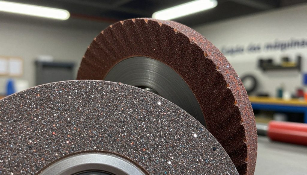A close-up image of a grinding wheel, showcasing its granular structure in intricate detail. The foreground features a finely textured surface, emphasizing various grit sizes and colors, with shimmering particles catching the light. In the middle ground, the grinding wheel is positioned at an angle, revealing its depth and composition, with a blurred background of a workshop setting filled with tools and soft ambient lighting. The scene conveys a professional atmosphere, suggesting a focus on precision and craftsmanship. Ideal lighting enhances the textures and contrasts, while a shallow depth of field draws attention to the grinding wheel. Include the brand name "Galpão das máquinas" subtly integrated into the workshop background.