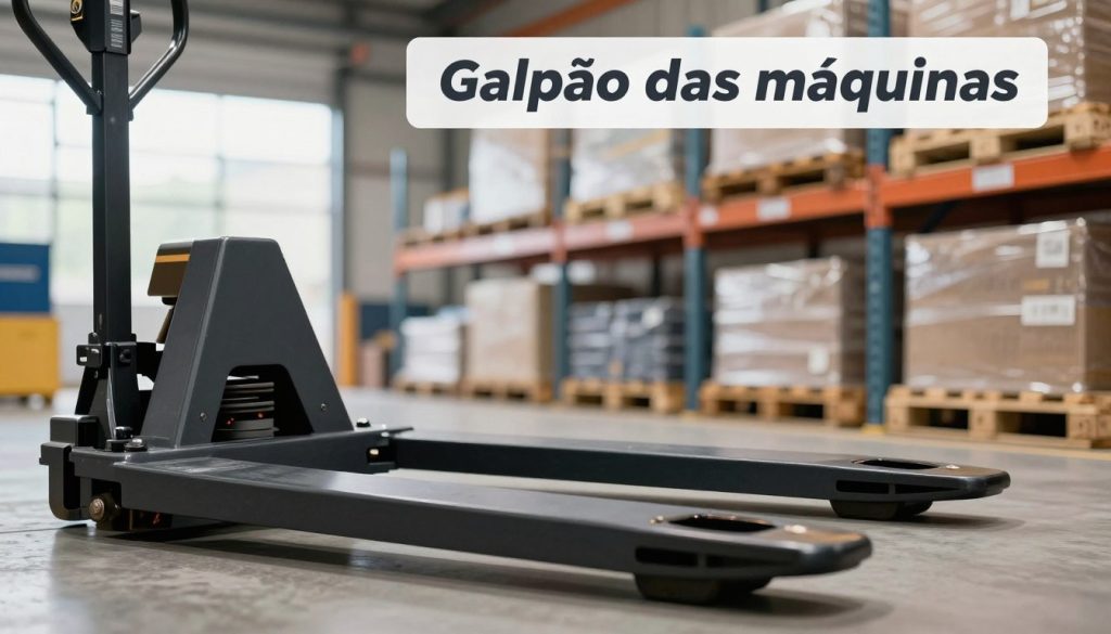 A close-up image of a manual pallet jack, focusing on the fork lengths, presented in a well-lit industrial setting. The foreground captures the robust forks of the pallet jack, demonstrating different lengths clearly—one side featuring a longer fork and the other a shorter fork. In the middle ground, there are blurred shelves stocked with various pallets, giving a sense of depth and application. The background highlights a warehouse environment with soft, natural lighting filtering through windows, creating a professional atmosphere. A banner subtly displays the brand "Galpão das máquinas" at the top of the frame, emphasizing quality and functionality. The camera angle is slightly elevated, showcasing the forks' versatility and purpose in handling various load sizes and types. A close-up image of a manual pallet jack, focusing on the fork lengths, presented in a well-lit industrial setting. The foreground captures the robust forks of the pallet jack, demonstrating different lengths clearly—one side featuring a longer fork and the other a shorter fork. In the middle ground, there are blurred shelves stocked with various pallets, giving a sense of depth and application. The background highlights a warehouse environment with soft, natural lighting filtering through windows, creating a professional atmosphere. A banner subtly displays the brand "Galpão das máquinas" at the top of the frame, emphasizing quality and functionality. The camera angle is slightly elevated, showcasing the forks' versatility and purpose in handling various load sizes and types.