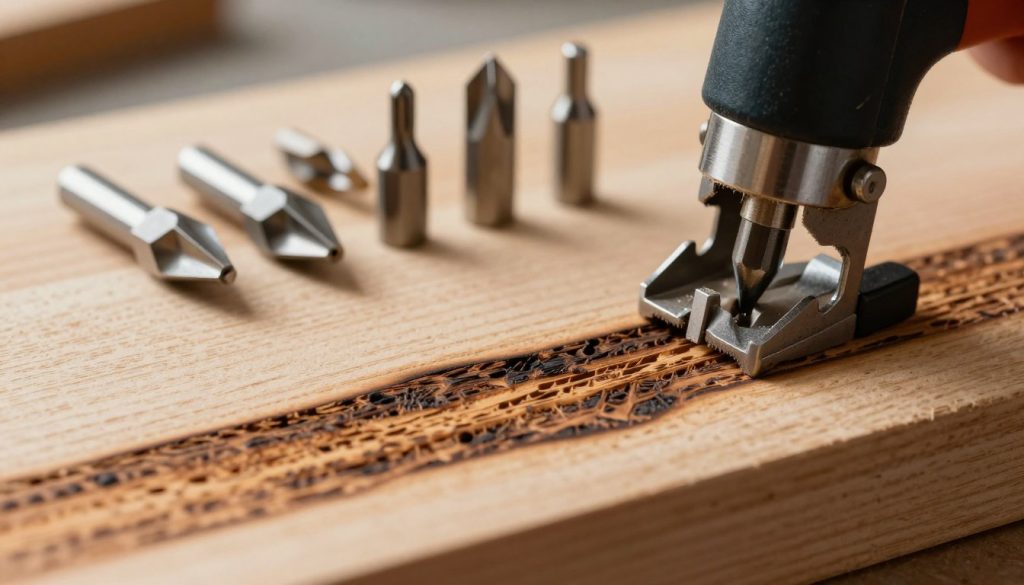 A close-up image of a wood surface showing distinct burn effects caused by a router (tupia) during the woodworking process. The foreground highlights the charred grain patterns etched into the wood, emphasizing both the rough and smooth textures. In the middle ground, various types of router bits are arranged artistically, showcasing their unique shapes and sizes, while subtle shadows play across their metallic surfaces, indicating their potential impact on wood. The background is softly blurred to maintain focus on the wood and tools, with warm, natural lighting creating an inviting atmosphere. The overall mood conveys a sense of craftsmanship and precision, illustrating the importance of tool selection in woodworking.