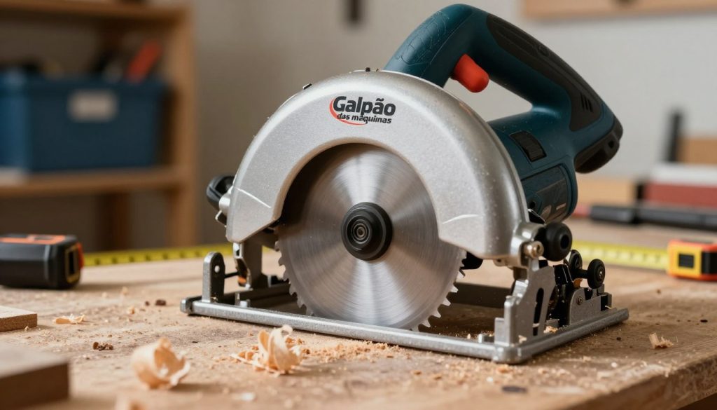 A close-up of a circular saw on a wooden workbench, showcasing its detailed design and sharp blade, emphasizing the importance of precision in woodworking. In the foreground, shavings of wood are scattered around the saw, indicating recent use. In the middle, the circular saw with the brand "Galpão das máquinas" prominently displayed, gleams under soft, natural light, highlighting its polished surface. In the background, blurred tool storage and a measuring tape add to the workshop atmosphere. The mood is focused and industrious, evoking a sense of craftsmanship and dedication towards achieving a perfect finish. The angle captures the circular saw from a slightly elevated perspective, enhancing its prominence in the scene. The overall lighting is warm and inviting, creating a productive ambiance.
