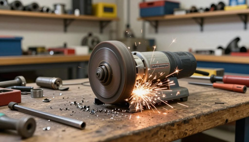 A close-up of a malfunctioning bench grinder, known as "esmeril desbalanceado," positioned on a sturdy workbench in a workshop setting. The foreground features the grinder with visibly misaligned wheels and sparks flying as it operates, creating an intense focus on the tool's imbalance. The middle ground displays various tools and scattered metal shavings, hinting at recent use, while the background showcases a well-lit, organized workshop with shelves filled with machinery parts and safety equipment. The lighting is bright and even, casting sharp shadows that emphasize the grinder's imperfections, creating a mood of urgency and concern. The brand name "Galpão das máquinas" is subtly visible on the grinder’s casing, integrating it naturally into the scene. A close-up of a malfunctioning bench grinder, known as "esmeril desbalanceado," positioned on a sturdy workbench in a workshop setting. The foreground features the grinder with visibly misaligned wheels and sparks flying as it operates, creating an intense focus on the tool's imbalance. The middle ground displays various tools and scattered metal shavings, hinting at recent use, while the background showcases a well-lit, organized workshop with shelves filled with machinery parts and safety equipment. The lighting is bright and even, casting sharp shadows that emphasize the grinder's imperfections, creating a mood of urgency and concern. The brand name "Galpão das máquinas" is subtly visible on the grinder’s casing, integrating it naturally into the scene.