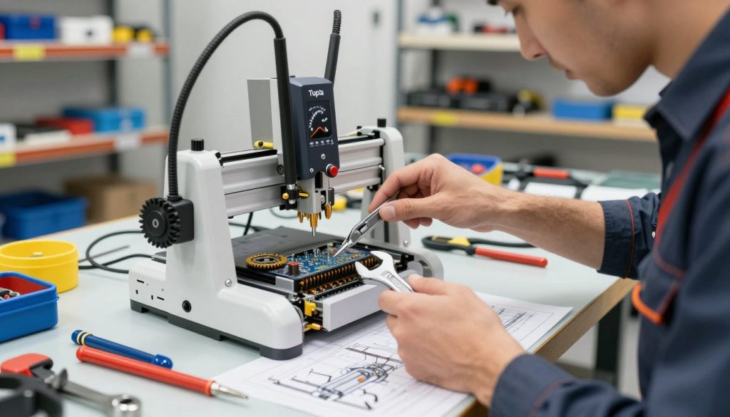 A close-up of a professional male technician performing preventive maintenance on a router (tupia) in a well-lit workshop. The technician, dressed in smart casual attire, is carefully examining the machine’s components, focusing on the router's speed settings and sharp cutter bits. In the foreground, the technician's hands hold a wrench, poised over a detailed diagram of the router's mechanics on a workbench scattered with tools. The middle ground features the router itself with intricate gears and speed controls visibly sparkling under bright, even overhead lighting. In the background, shelves lined with tools and safety equipment are out of focus, suggesting an organized and efficient workspace. The atmosphere conveys a sense of professionalism and precision, highlighting the importance of maintenance in achieving optimal performance.