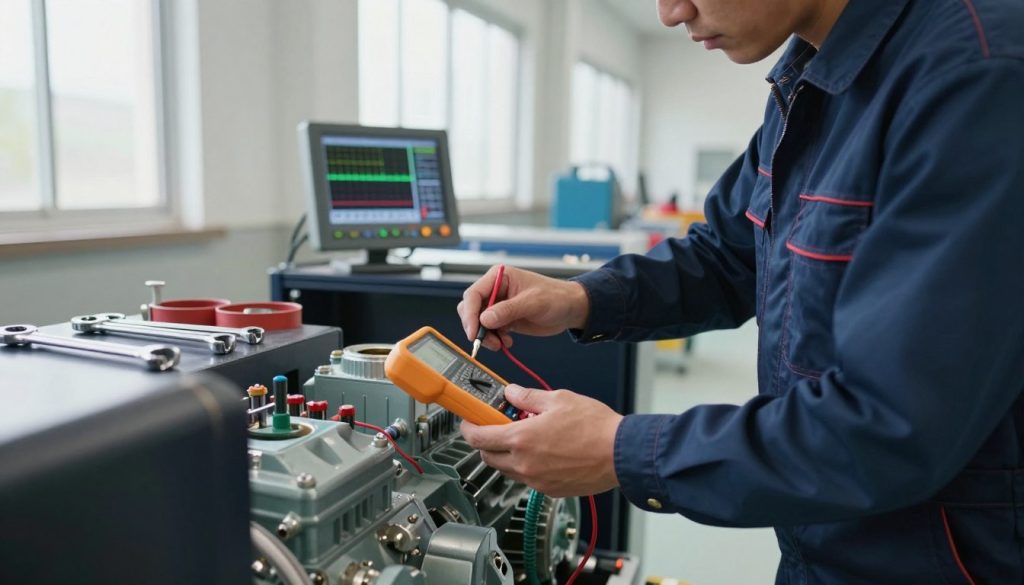 A close-up scene depicting a professional technician conducting maintenance on a large generator in a well-lit industrial setting. In the foreground, the technician, dressed in a navy blue coverall, is carefully examining the generator's components, using a multimeter to measure electrical output. The middle ground features various tools scattered neatly around the technician, including wrenches and oil cans, while a digital display shows noise level readings. In the background, large windows allow natural light to flood the room, highlighting the clean, organized environment. The atmosphere is focused and professional, emphasizing the importance of preventive maintenance in controlling noise levels in energy generators, with a slight depth of field to draw attention to the technician's meticulous work. A close-up scene depicting a professional technician conducting maintenance on a large generator in a well-lit industrial setting. In the foreground, the technician, dressed in a navy blue coverall, is carefully examining the generator's components, using a multimeter to measure electrical output. The middle ground features various tools scattered neatly around the technician, including wrenches and oil cans, while a digital display shows noise level readings. In the background, large windows allow natural light to flood the room, highlighting the clean, organized environment. The atmosphere is focused and professional, emphasizing the importance of preventive maintenance in controlling noise levels in energy generators, with a slight depth of field to draw attention to the technician's meticulous work.