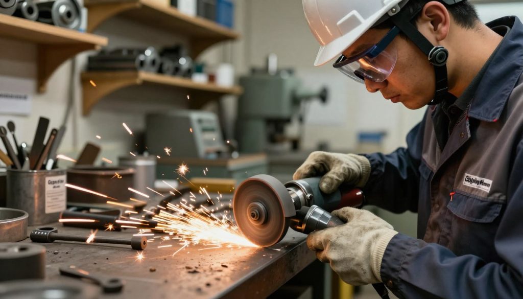 A close-up scene of a grinder operation in a workshop, with a skilled technician wearing a safety helmet and goggles in professional business attire, focused on the grinding process. In the foreground, the metallic grinder with a spinning grinding wheel, sparks flying from the metal surface being ground. The middle ground showcases various tools and materials organized on a workbench labeled "Galpão das máquinas." In the background, shelves filled with machinery parts and a soft-focus lighting effect creating a warm, industrious atmosphere. The scene is captured from a slightly elevated angle, highlighting the intricate details of the grinder's mechanism while ensuring a clear view of the technician's focused expression.