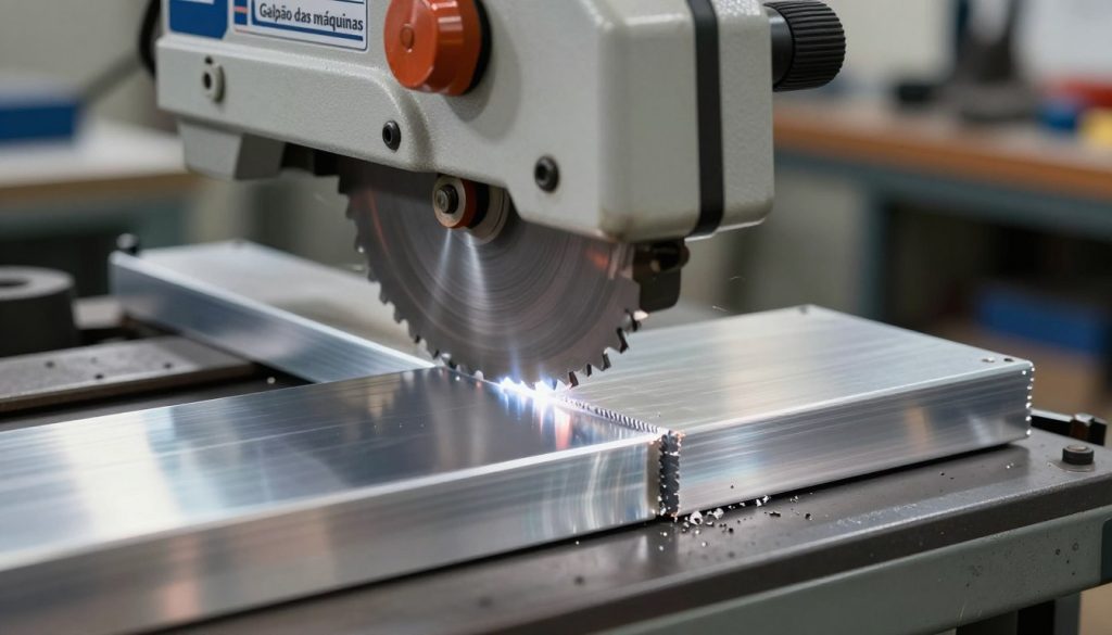 A close-up scene of a high-quality band saw cutting through a shiny piece of aluminum. The foreground features the band saw with its blade in motion, showcasing fine details like the teeth of the blade and the shimmering surface of the aluminum being cut. In the middle ground, you can see metal shavings flying off the cutting edge, creating a dynamic sense of action. The background is softly blurred, resembling a workshop environment with tools and machines, hinting at a professional setting. Bright, focused lighting highlights the aluminum's reflective surface and the metallic nature of the saw, creating a crisp contrast. The mood is industrious and precise, reflecting the technical skill involved in cutting materials like aluminum. The branding “Galpão das máquinas” is subtly represented in the workshop setting, enhancing the professional atmosphere.