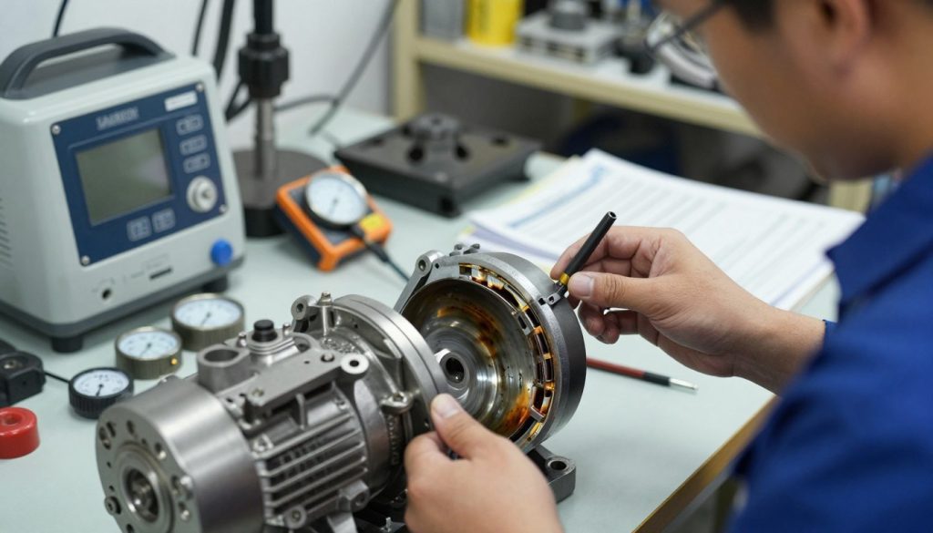 A close-up scene of a hydraulic pump being treated for cavitation damage in a well-lit workshop. In the foreground, an engineer in professional attire carefully inspects the pump's internal components, with visible signs of cavitation such as pitting and erosion on the metal surfaces. The middle ground features various tools and instruments used for repair, like ultrasonic cleaners and measuring gauges, arranged on a workbench. In the background, shelves filled with hydraulic parts and manuals emphasize the technical environment. Bright, focused lighting enhances the details of the pump and the repair process, while a shallow depth of field draws attention to the engineer’s meticulous work. The atmosphere conveys a sense of professionalism and diligence essential for effective restoration.