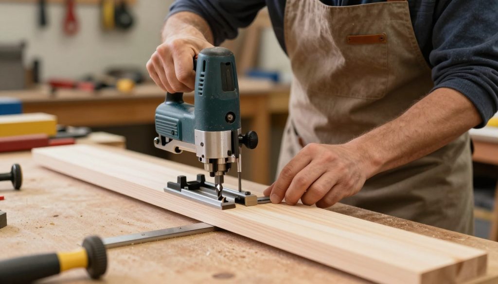 A close-up scene of a woodworker diligently securing a wooden piece into a router table, showcasing the precision and importance of proper piece fixation. The foreground features the router, with its sharp bit glinting under bright, even lighting, emphasizing details like the adjustment knobs and base. In the middle, the woodworker, dressed in a professional apron and modest clothing, is focused on tightening clamps around the wooden piece, reflecting concentration and care. The background shows a well-organized workshop, filled with tools and equipment, creating an atmosphere of craftsmanship. The image composition should be shot from a slight angle to capture the entire setup, with a warm and inviting ambiance that highlights the importance of safety and accuracy in woodworking tasks.